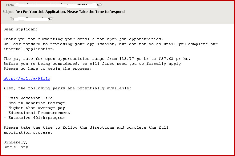 Example of Job application scam email intercepted: